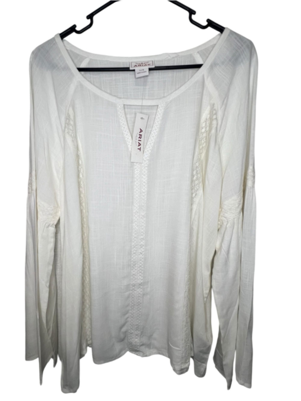 NWT Ariat Lightweight White Boho Western Long Sleeve Peasant Blouse With Lace